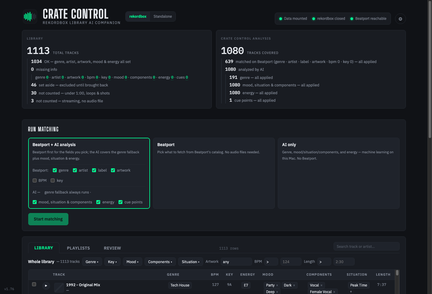 Crate Control showing library numbers, matching options and the track grid